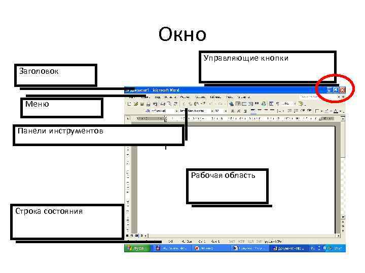 Окно Управляющие кнопки Заголовок Меню Панели инструментов Рабочая область Строка состояния 