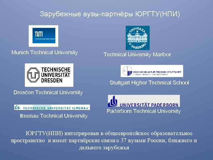 Зарубежные вузы-партнёры ЮРГТУ(НПИ) Munich Technical University Maribor Stuttgart Higher Technical School Dresden Technical University