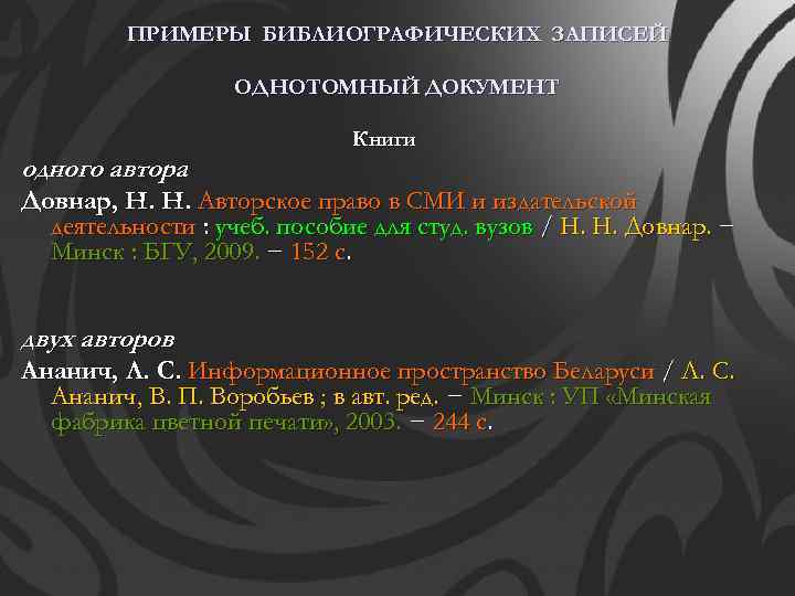 ПРИМЕРЫ БИБЛИОГРАФИЧЕСКИХ ЗАПИСЕЙ ОДНОТОМНЫЙ ДОКУМЕНТ одного автора Книги Довнар, Н. Н. Авторское право в