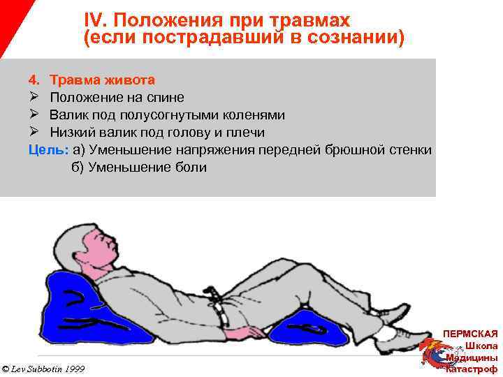 IV. Положения при травмах (если пострадавший в сознании) 4. Травма живота Ø Положение на