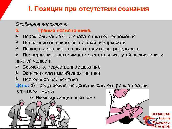 I. Позиции при отсутствии сознания Особенное положение: 5. Травма позвоночника. Ø Перекладывание 4 -