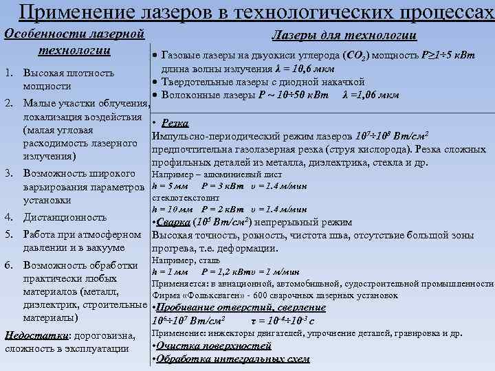 Применение лазеров в технологических процессах Особенности лазерной технологии Лазеры для технологии Газовые лазеры на