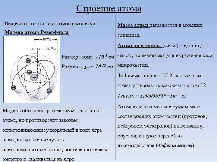 Строение атома Вещество состоит из атомов и молекул. Модель атома Резерфорда Масса атома выражается