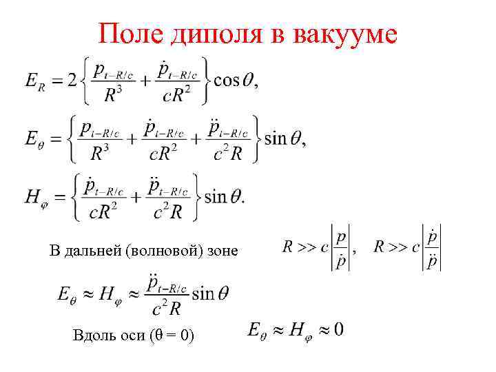 Поле диполя в вакууме В дальней (волновой) зоне Вдоль оси (θ = 0) 