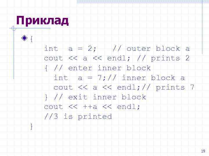 Приклад { int a = 2; // outer block a cout << a <<