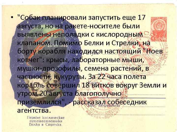  • "Собак планировали запустить еще 17 августа, но на ракете-носителе были выявлены неполадки