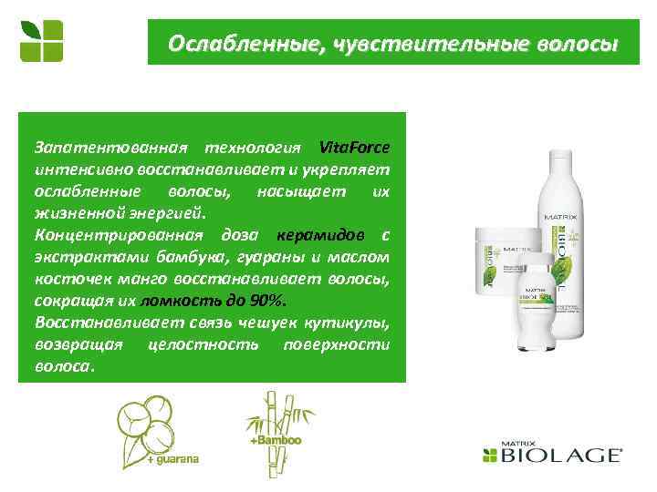 Ослабленные, чувствительные волосы Запатентованная технология Vita. Force интенсивно восстанавливает и укрепляет ослабленные волосы, насыщает