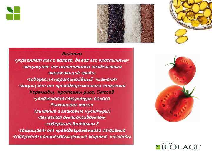 Ликопин -укрепляет тело волоса, делая его эластичным -защищает от негативного воздействия окружающий среды -содержит