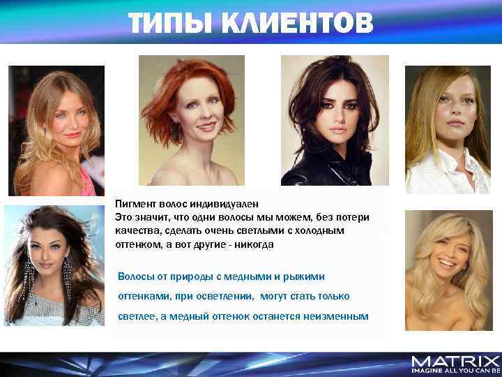ТИПЫ КЛИЕНТОВ Пигмент волос индивидуален Это значит, что одни волосы мы можем, без потери