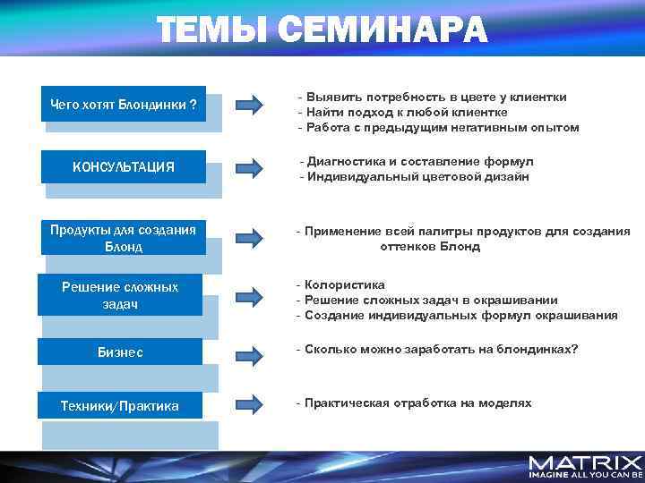 ТЕМЫ СЕМИНАРА Чего хотят Блондинки ? КОНСУЛЬТАЦИЯ Продукты для создания Блонд Решение сложных задач