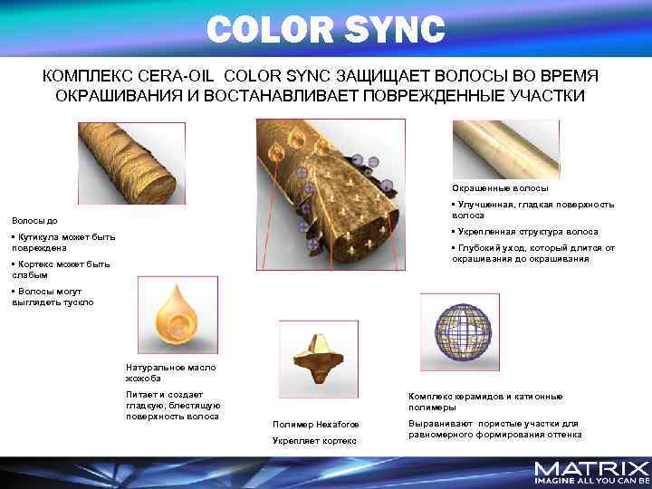COLOR SYNC КОМПЛЕКС CERA-OIL COLOR SYNC ЗАЩИЩАЕТ ВОЛОСЫ ВО ВРЕМЯ ОКРАШИВАНИЯ И ВОСТАНАВЛИВАЕТ ПОВРЕЖДЕННЫЕ