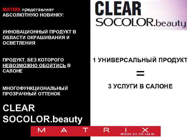 MATRIX представляет АБСОЛЮТНУЮ НОВИНКУ: L ИННОВАЦИОННЫЙ ПРОДУКТ В ОБЛАСТИ ОКРАШИВАНИЯ И ОСВЕТЛЕНИЯ ПРОДУКТ, БЕЗ