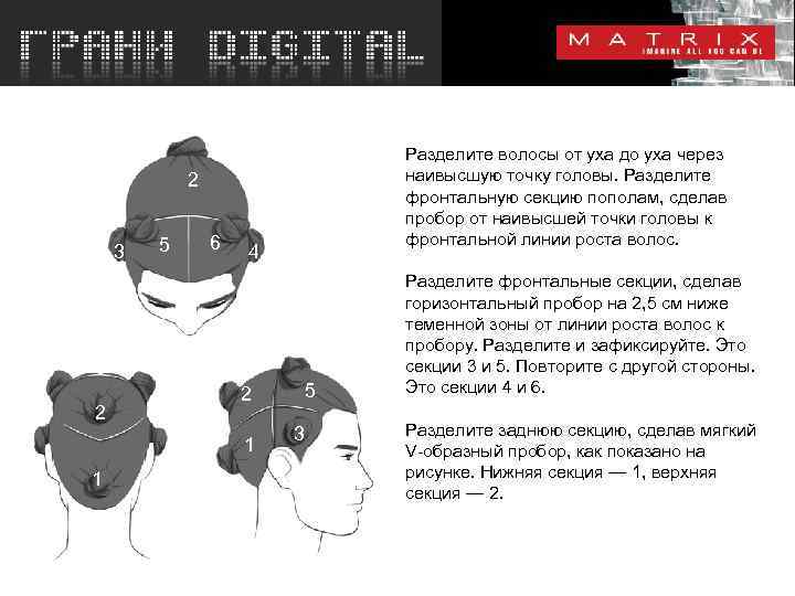 Разделите волосы от уха до уха через наивысшую точку головы. Разделите фронтальную секцию пополам,