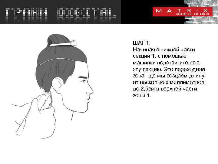 ШАГ 1: Начиная с нижней части секции 1, с помощью машинки подстригите всю эту