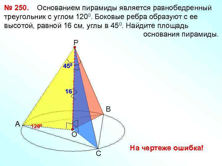 № 250. Основанием пирамиды является равнобедренный треугольник с углом 1200. Боковые ребра образуют с