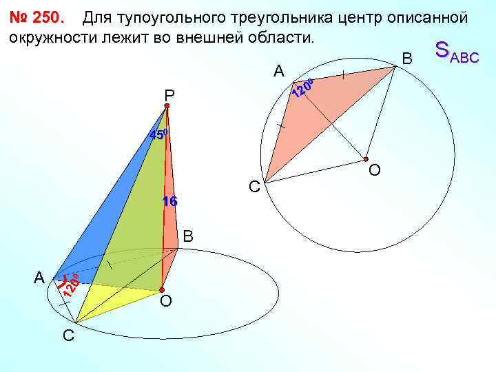 № 250. Для тупоугольного треугольника центр описанной окружности лежит во внешней области. В SАВС
