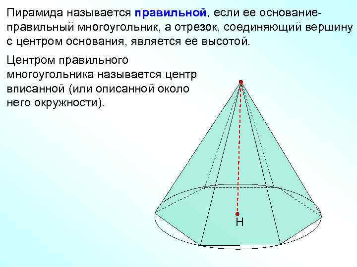 Пирамида называется правильной, если ее основаниеправильной правильный многоугольник, а отрезок, соединяющий вершину с центром
