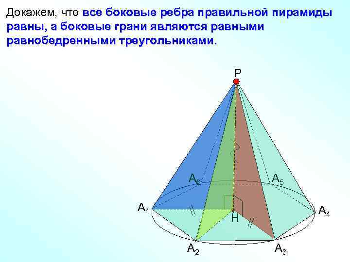 Докажем, что все боковые ребра правильной пирамиды равны, а боковые грани являются равными равнобедренными