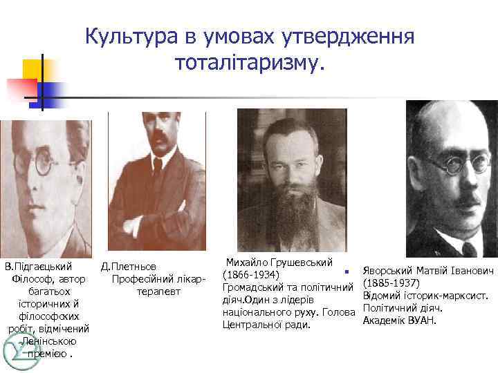 Культура в умовах утвердження тоталітаризму. В. Підгаєцький Д. Плетньов Філософ, автор Професійний лікарбагатьох терапевт