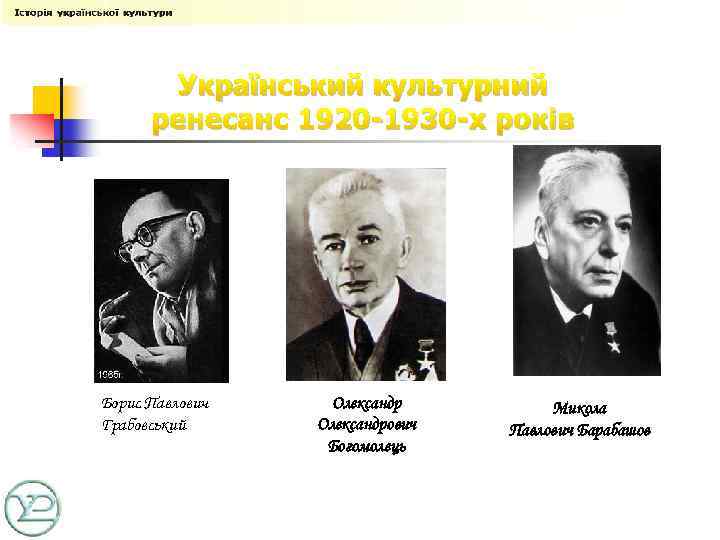 Український культурний ренесанс 1920 -1930 -х років Борис Павлович Грабовський Олександрович Богомолець Микола Павлович