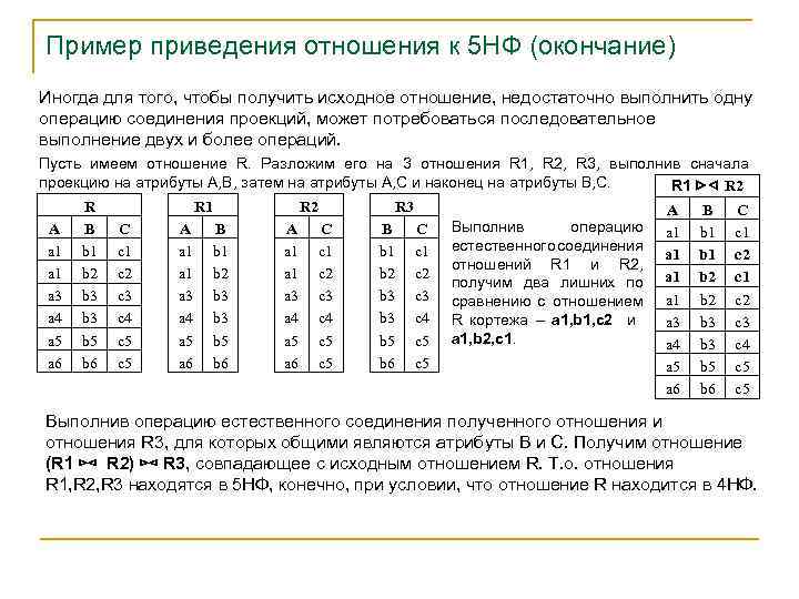 Пример приведения отношения к 5 НФ (окончание) Иногда для того, чтобы получить исходное отношение,