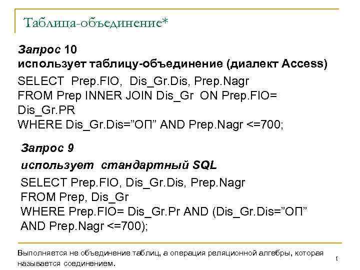 Таблица-объединение* Запрос 10 использует таблицу-объединение (диалект Access) SELECT Prep. FIO, Dis_Gr. Dis, Prep. Nagr