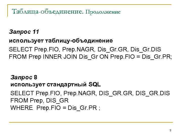 Таблица-объединение. Продолжение Запрос 11 использует таблицу-объединение SELECT Prep. FIO, Prep. NAGR, Dis_Gr. DIS FROM