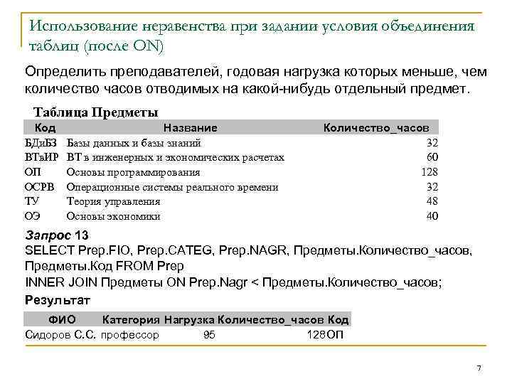 Использование неравенства при задании условия объединения таблиц (после ON) Определить преподавателей, годовая нагрузка которых