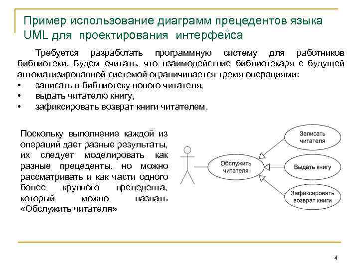 Пример использование диаграмм прецедентов языка UML для проектирования интерфейса Требуется разработать программную систему для