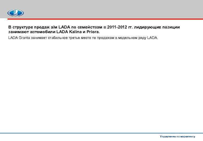 В структуре продаж а/м LADA по семействам в 2011 -2012 гг. лидирующие позиции занимают