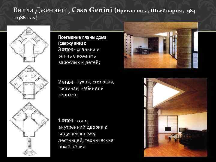 Вилла Дженини , Casa Genini (Бреганзона, Швейцария, 1984 -1988 г. г. ) Поэтажные планы
