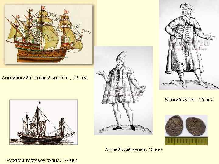 Английский торговый корабль, 16 век Русский купец, 16 век Английский купец, 16 век Русский
