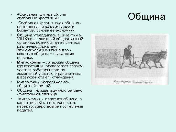  • • Основная фигура с/х сил свободный крестьянин. Свободная крестьянская община центральная ячейка