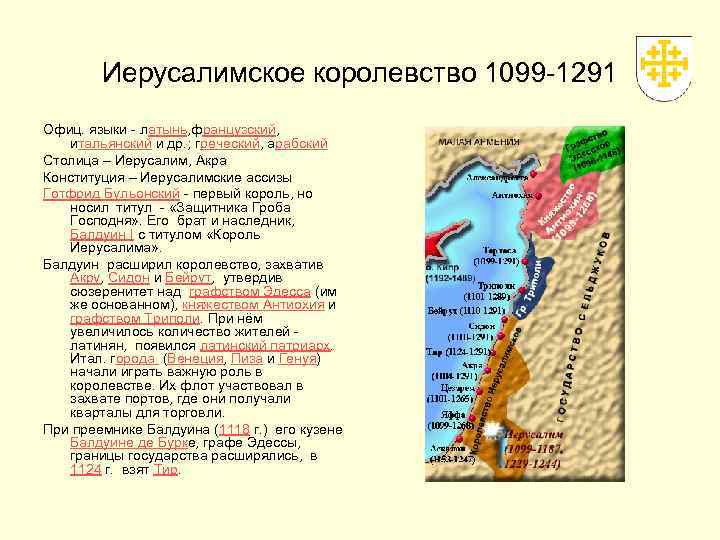 Иерусалимское королевство 1099 -1291 Офиц. языки - латынь, французский, итальянский и др. ; греческий,