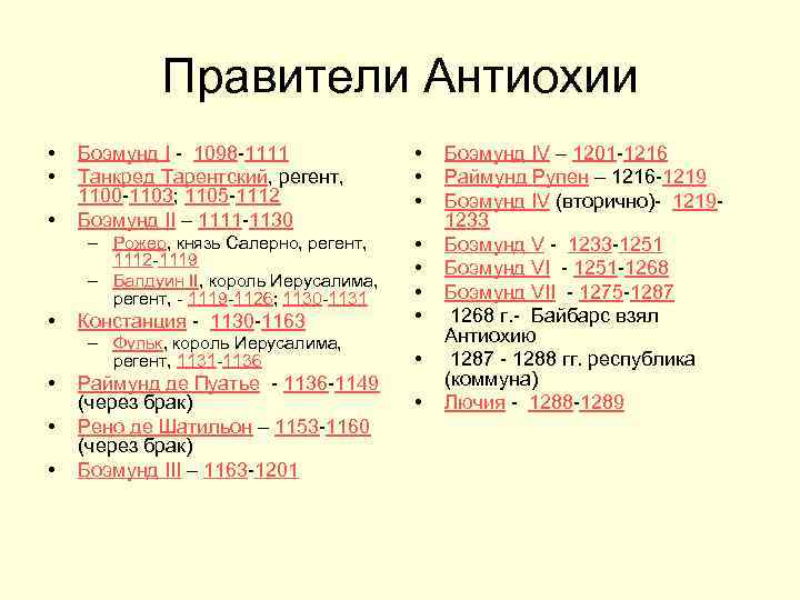 Правители Антиохии • • • Боэмунд I - 1098 -1111 Танкред Тарентский, регент, 1100