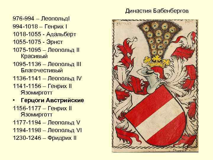 Династия Бабенбергов 976 -994 – Леопольд. I 994 -1018 – Генрих I 1018 -1055