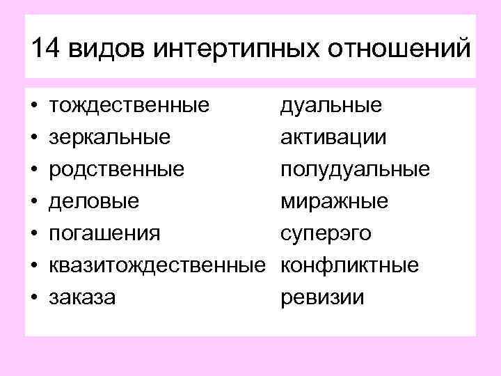 14 видов интертипных отношений • • тождественные зеркальные родственные деловые погашения квазитождественные заказа дуальные