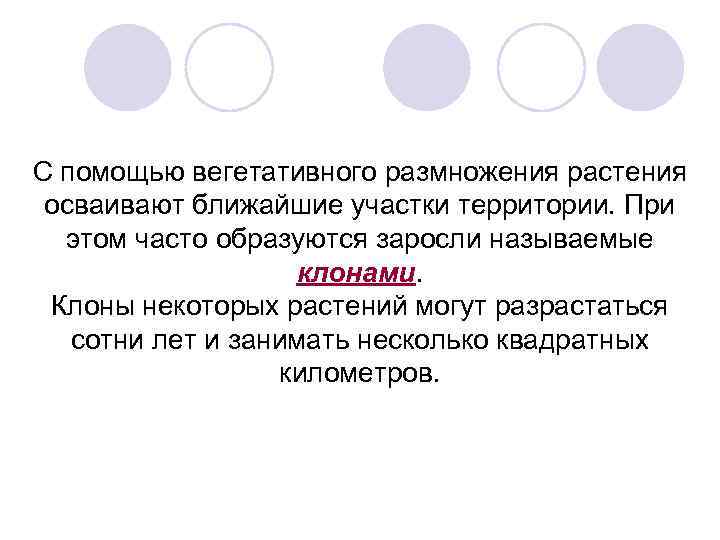 С помощью вегетативного размножения растения осваивают ближайшие участки территории. При этом часто образуются заросли