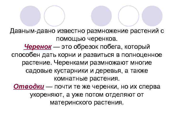 Давным-давно известно размножение растений с помощью черенков. Черенок — это обрезок побега, который способен