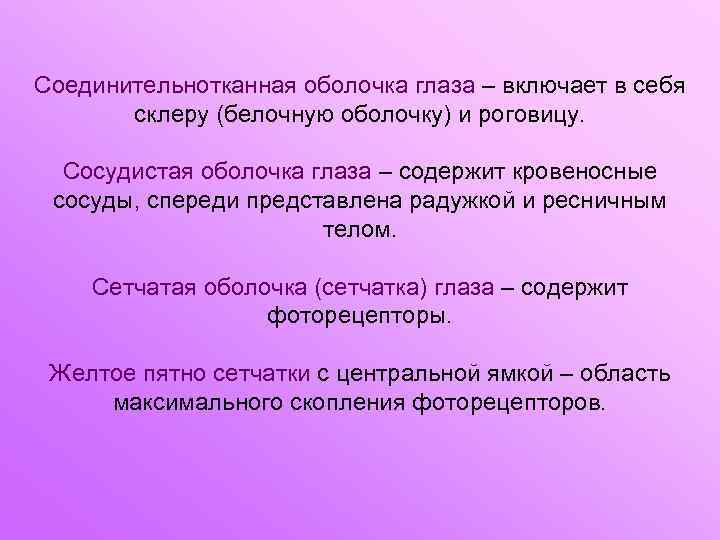 Cоединительнотканная оболочка глаза – включает в себя склеру (белочную оболочку) и роговицу. Cосудистая оболочка