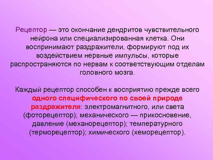 Рецептор — это окончание дендритов чувствительного нейрона или специализированная клетка. Они воспринимают раздражители, формируют