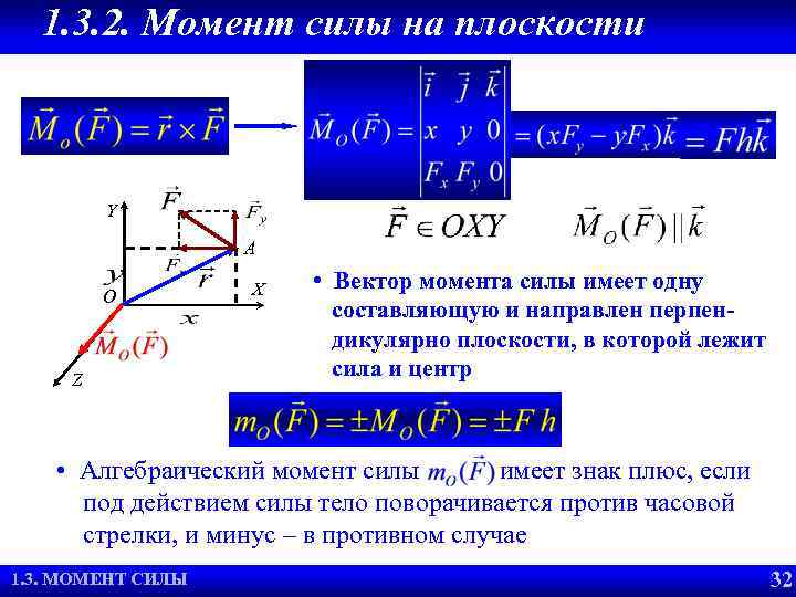 1. 3. 2. Момент силы на плоскости Y A O X Z • Вектор