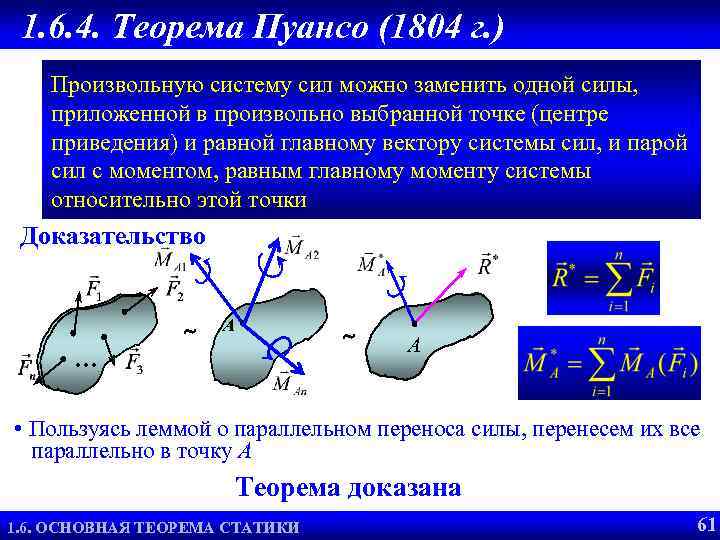 Теорема о равнодействующей двух сил 1. 6. 4. Теорема Пуансо (1804 г. ) Произвольную