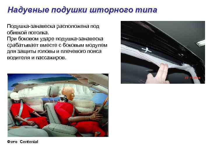 Надувные подушки шторного типа Подушка-занавеска расположена под обивкой потолка. При боковом ударе подушка-занавеска срабатывает