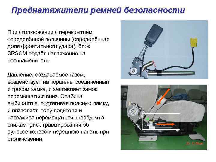 Преднатяжители ремней безопасности При столкновении с перекрытием определённой величины (определённая доля фронтального удара), блок