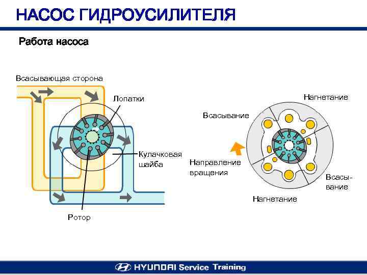 НАСОС ГИДРОУСИЛИТЕЛЯ Работа насоса Всасывающая сторона Нагнетание Лопатки Всасывание Кулачковая Направление шайба вращения Всасывание