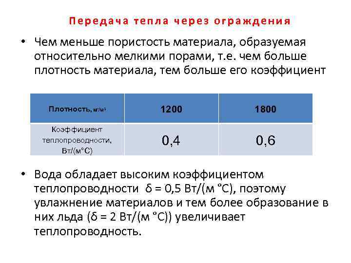 Передача тепла через ограждения • Чем меньше пористость материала, образуемая относительно мелкими порами, т.