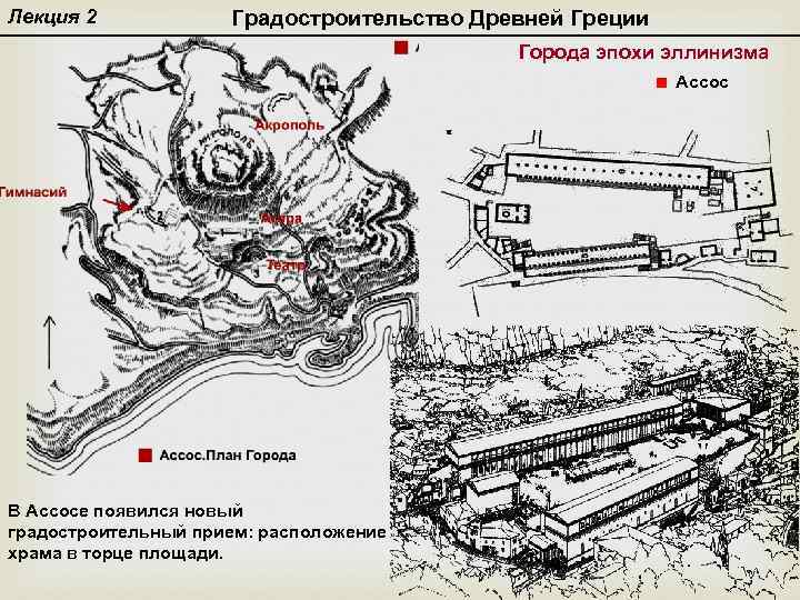 Лекция 2 Градостроительство Древней Греции Города эпохи эллинизма Ассос В Ассосе появился новый градостроительный