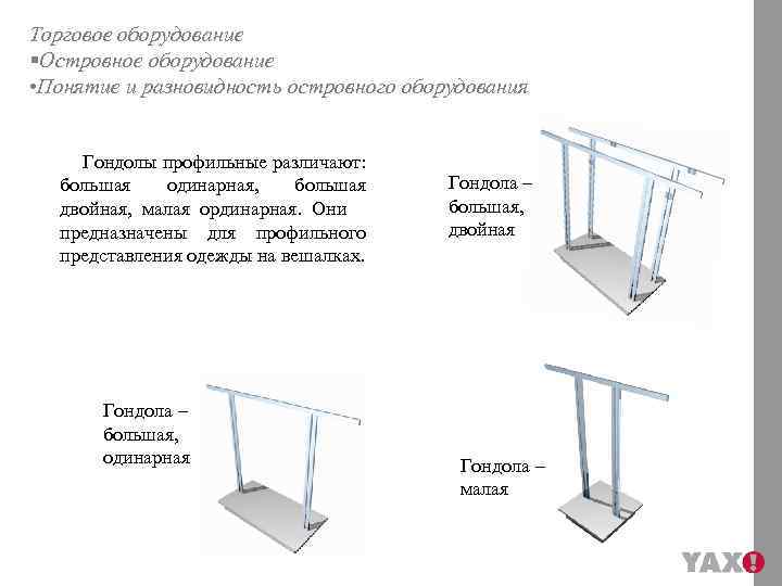 Торговое оборудование §Островное оборудование • Понятие и разновидность островного оборудования Гондолы профильные различают: большая