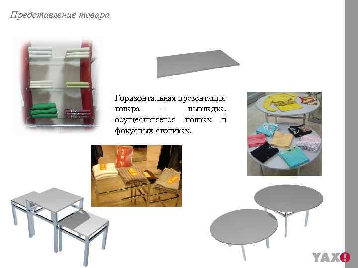 Представление товара Горизонтальная презентация товара – выкладка, осуществляется полках и фокусных столиках. 